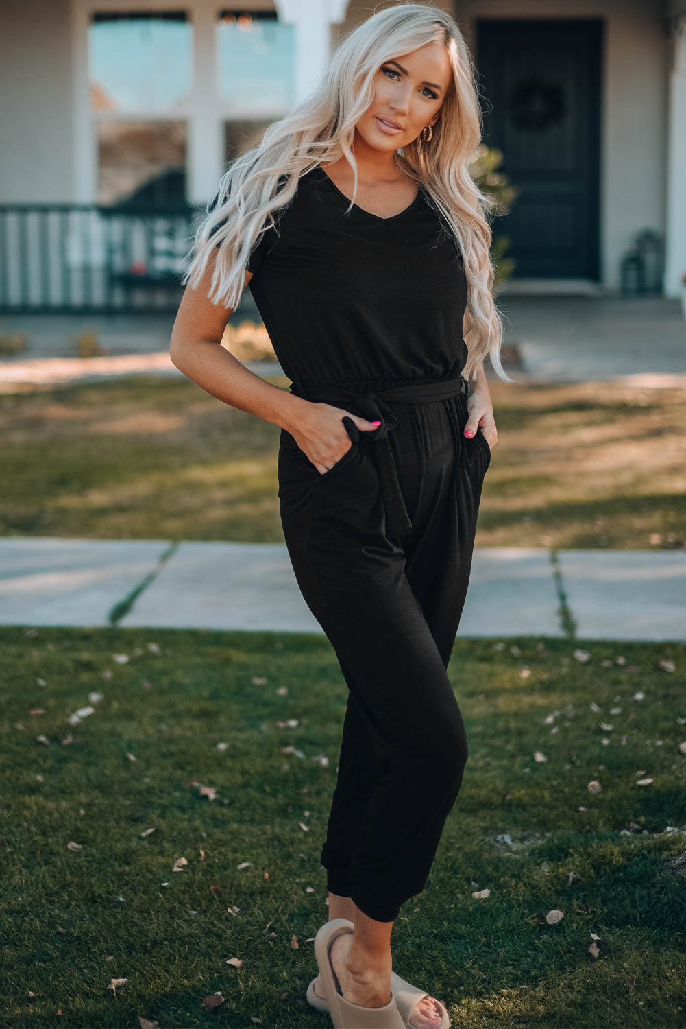 ASO Belted V-Neck Jogger Jumpsuit