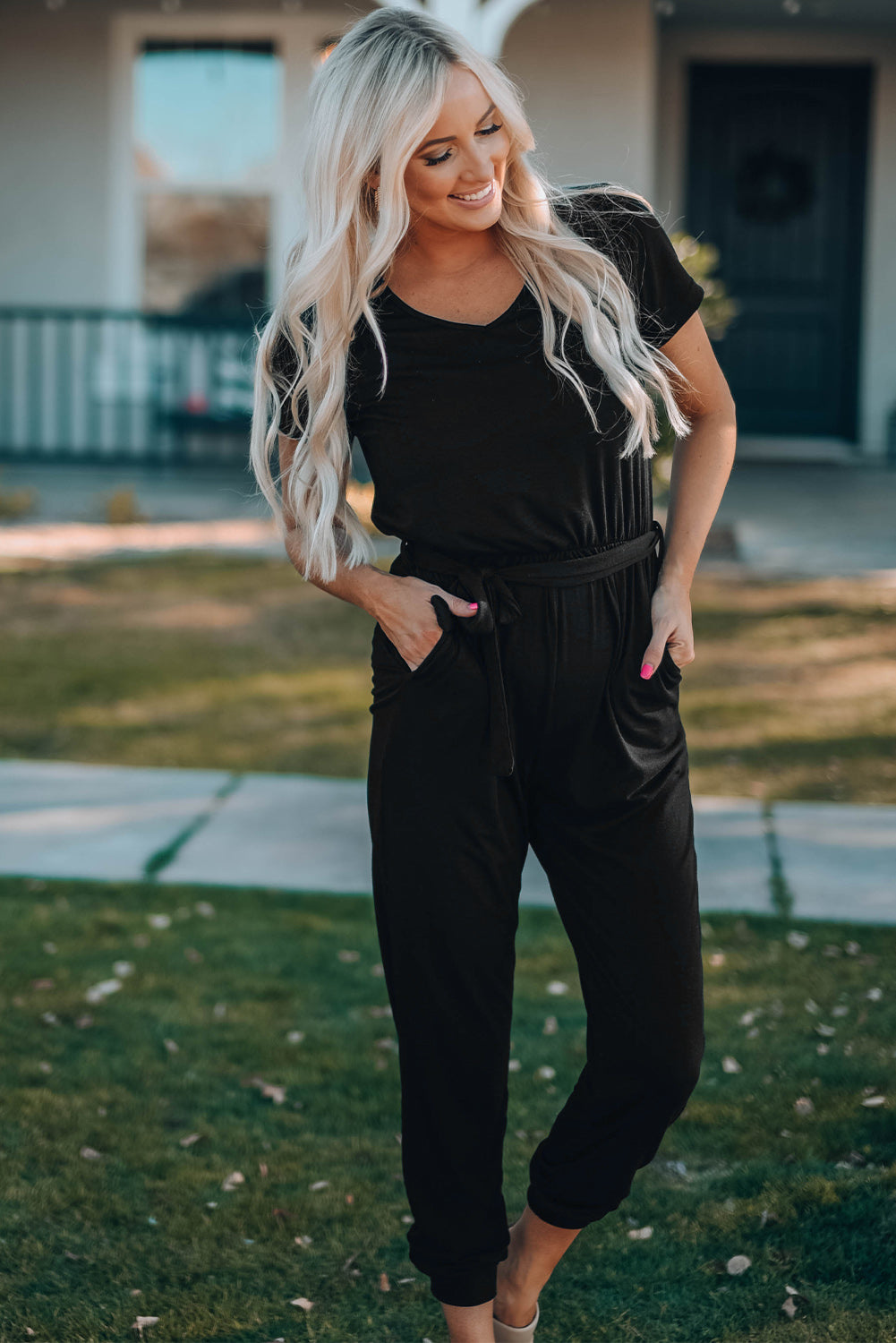 ASO Belted V-Neck Jogger Jumpsuit